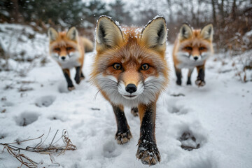 A Fierce foxes walking through snowy woodland, showcasing their beauty and grace