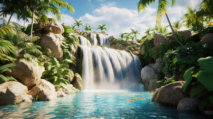 Naklejka premium Serene Waterfall Surrounded by Lush Tropical Foliage and Rocks