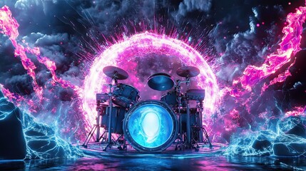 Obraz premium Neon Drum Kit Within A Glowing Cosmic Portal