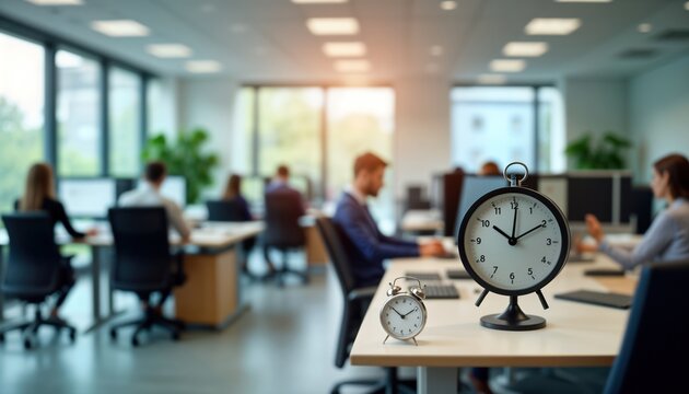 Office employees adjust desk clocks, computers. Businesspeople work at desks. Modern office interior. Daylight shines through large windows. Busy workday atmosphere. Time management theme. Focus on