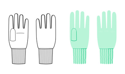 Gloves Wrist Above length knit rib cuff, mint cartoon and sketch outline Fashion hand accessory clothing technical illustration garment. Vector for Men women, unisex style flat template CAD mockup