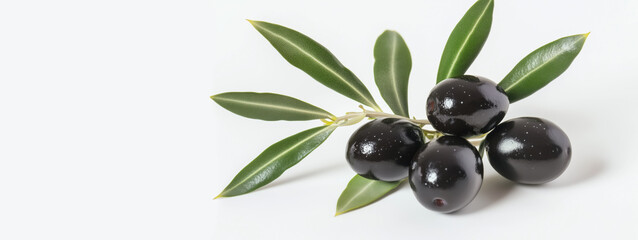 A cluster of black olives branch with leaves, isolated on a pure white background. ideal for food-related designs, Mediterranean cuisine concepts, or organic product packaging.