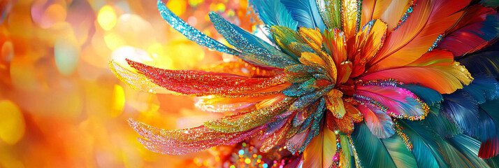 A kaleidoscope of colors in an elaborate feathered headdress, adorned with sequins and beads, representing the joyous spirit of a carnival festival.  