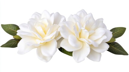 Fototapeta premium Two elegant white flowers with green leaves arranged beautifully.