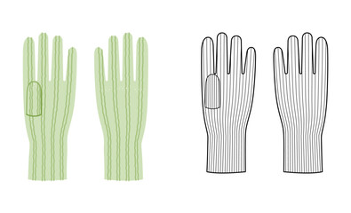 Knit Wool Gloves Elbow length light green cartoon and flat sketch Fashion hand accessory clothing technical illustration garment. Vector for Men women unisex style flat template CAD white background