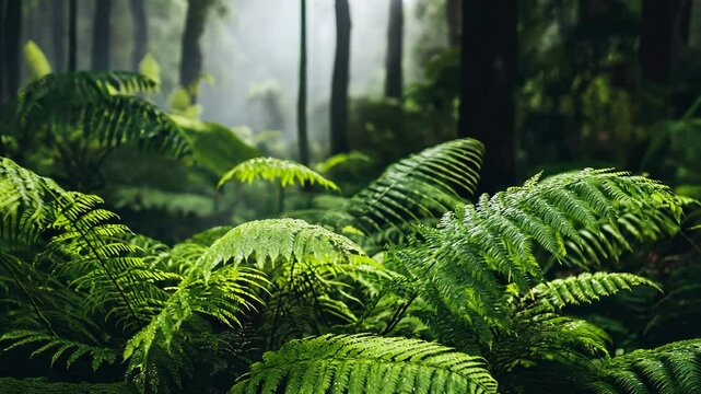 Lush green ferns thrive in an Australian nature conservation park surrounded by tall forest trees, Australia nature conservation park Ferns in forest