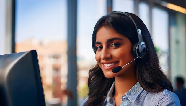 Smiling young Indian beautiful woman customer service worker wearing headset with a microphone. Diversity office concept 