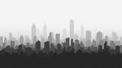 Naklejka premium Black and White City Skyline Silhouette with Foggy Background