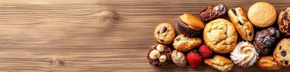 Fresh pastries displayed on a wooden background for a cozy bakery atmosphere
