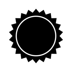 Sun icon. Sunburst, sunlight, sunshine silhouette. Circular badge, stamp, label or price tag with zigzag edges. Empty discount, sale, promo sticker isolated on white background. Vector illustration.