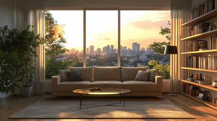 Fototapeta premium Modern living room with sunset city view.