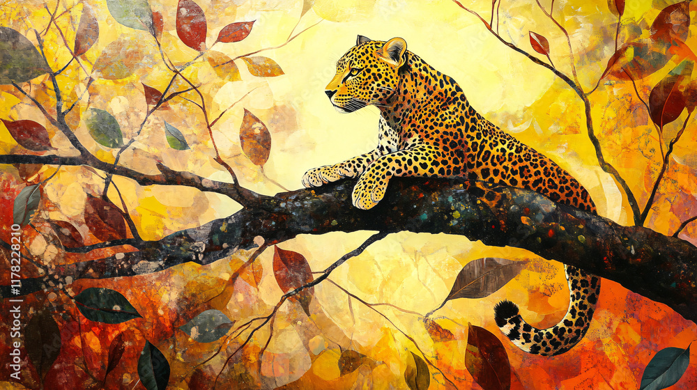 Poster a leopard perched on a tree branch, surrounded by abstract patterns of leaves and sunlight, symboliz