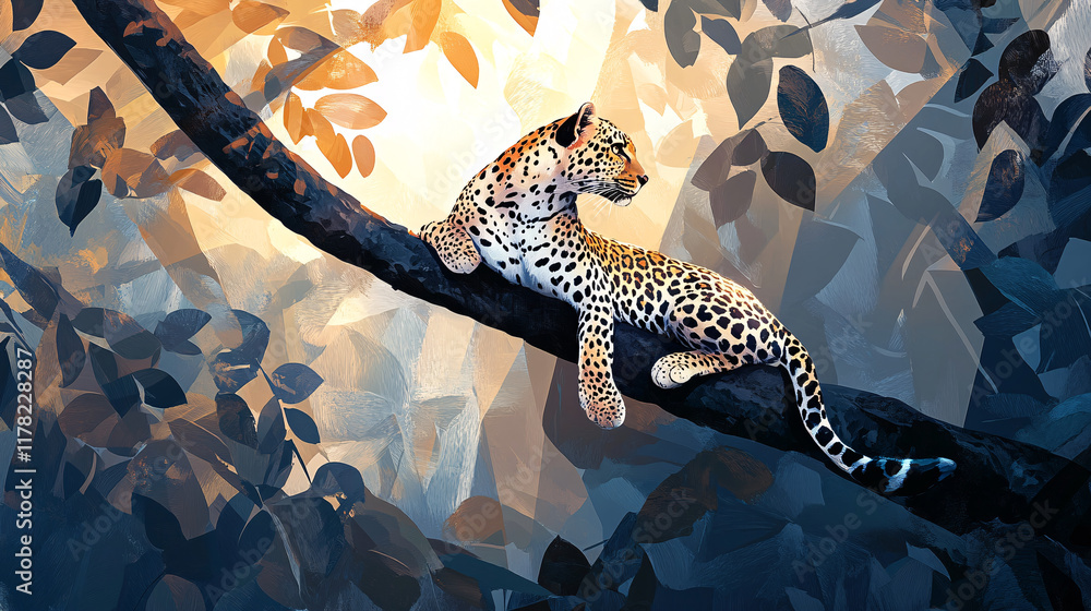 Poster a leopard perched on a tree branch, surrounded by abstract patterns of leaves and sunlight, symboliz
