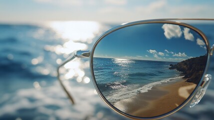 Ocean view reflected in sunglasses.