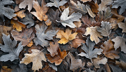A Fallen leaves cover ground in serene woodland scene, showcasing nature beauty
