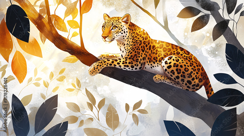 Poster a leopard perched on a tree branch, surrounded by abstract patterns of leaves and sunlight, symboliz