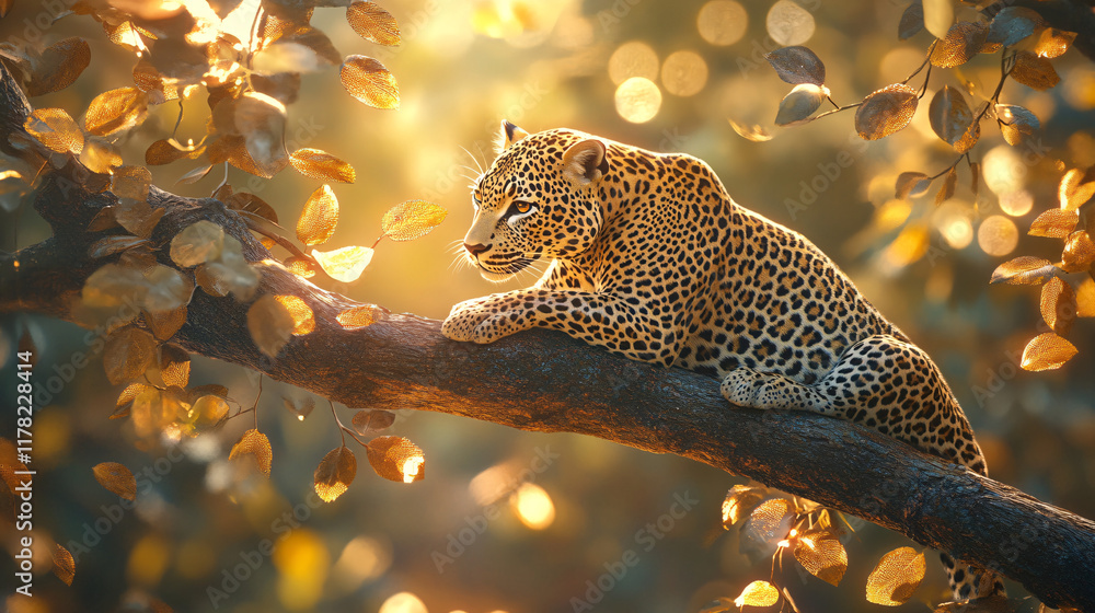 Poster a leopard perched on a tree branch, surrounded by abstract patterns of leaves and sunlight, symboliz