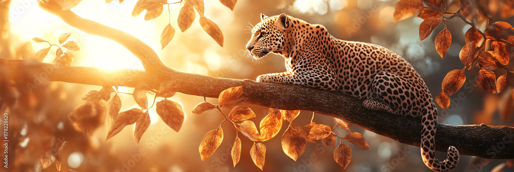 Poster a leopard perched on a tree branch, surrounded by abstract patterns of leaves and sunlight, symboliz