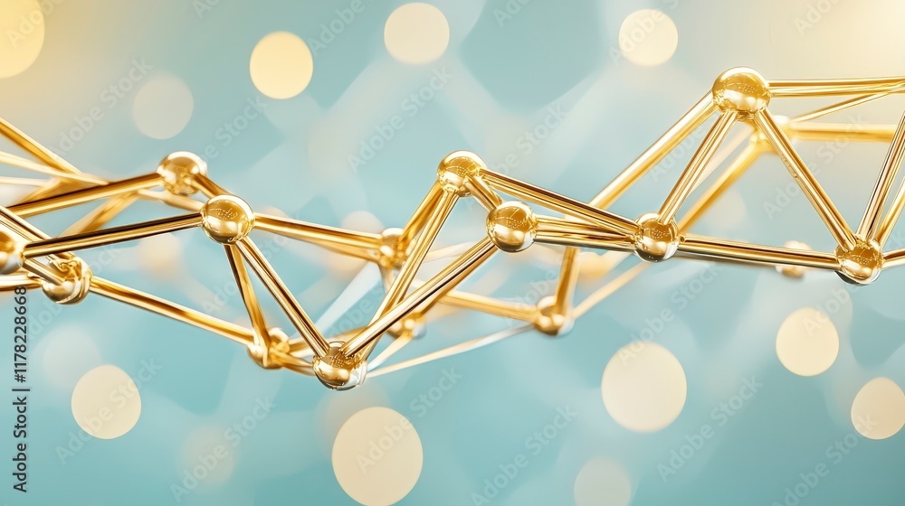 Poster golden abstract structure with connecting nodes and blurry light background