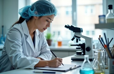 Asian female scientist writes notes in lab. Focused on research task. Analyzes blood samples. Medical lab with microscope. Research process underway. Biotechnology innovation. Woman researcher.