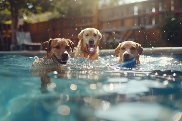 Happy dogs enjoy pool time together