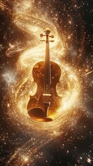 Fototapeta premium Golden Violin Enveloped in Sparkling Cosmic Dust
