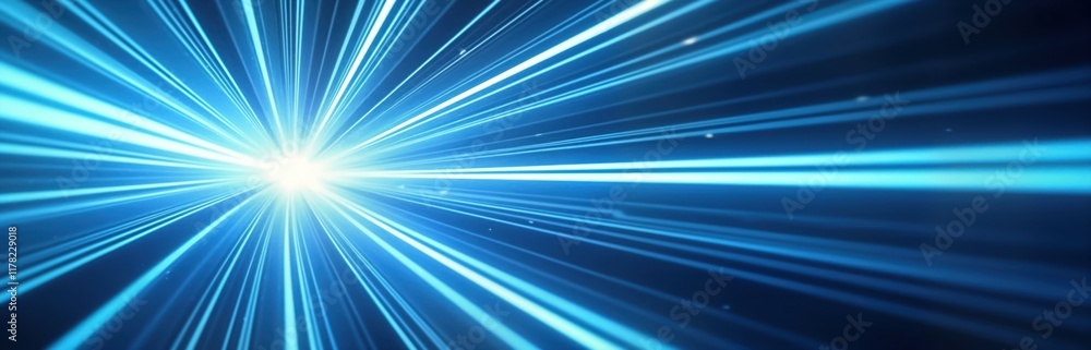 Poster Dynamic blue light rays create futuristic motion effect. Striped lines radiate outwards from central point. Abstract design suggests speed acceleration, innovation. Perfect for tech concepts