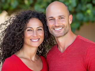 Obraz premium Happy Couple Smiling Together in Casual Red Attire Against Green Background