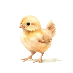 Obraz premium Cute yellow chick standing on white background and looking curiously, watercolor illustration