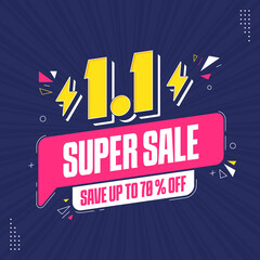 Fototapeta premium 1.1 super sale promo banner with discount offer. 1.1 discount flash sale background. Flash sale special offer banner for social media post or website banner. Flash sale campaign