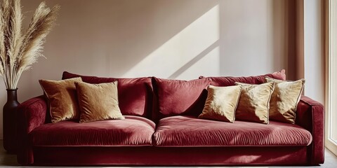 luxurious interior, deep red velvet couch, plush burgundy pillows, golden accent cushions, large white pampas grass, moody lighting, dramatic shadows, warm tones, elegant decor, textured fabric, cozy 