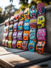 Colorful cartoon character fingerboards lined up on a wooden surface.
