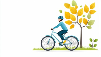 Fototapeta premium Person Riding Bicycle in Autumn Scenery with Colorful Leaves and Green Grass