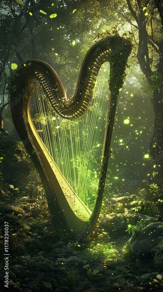 Poster enchanting harp rests in a mystical forest setting