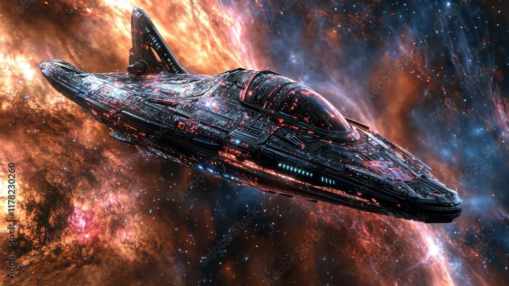 Poster alien fractal spacecraft navigating through colorful interstellar clouds in distant galaxy, alien fr