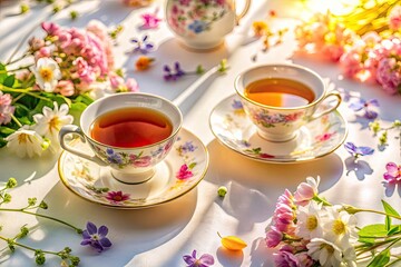 Fototapeta premium Aerial Teacup Photography: Stunning Floral Teacups, Drone View, White Background