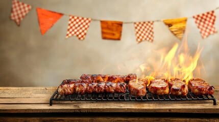 Grilled Meat with Flames on Barbecue Grill Surrounded by Colorful Bunting Decorations