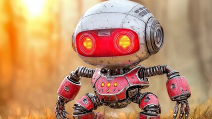 Naklejka premium Cute and Playful Robot with Red Eyes in a Forest Setting with Soft Light