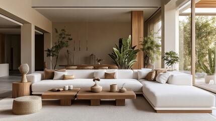 Fototapeta premium Bohemian living room, white sectional sofa, arched window, natural light, rattan ottoman, potted plants, wooden cabinet, neutral color palette, woven wall decor, moon phase wall art, minimalist aesthe