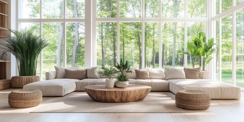 Fototapeta premium Bohemian living room, white sectional sofa, arched window, natural light, rattan ottoman, potted plants, wooden cabinet, neutral color palette, woven wall decor, moon phase wall art, minimalist aesthe