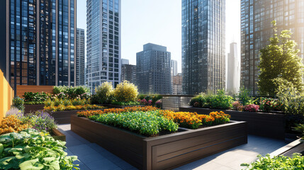 Fototapeta premium Urban Rooftop Garden with Lush Vegetation and Skyscraper View