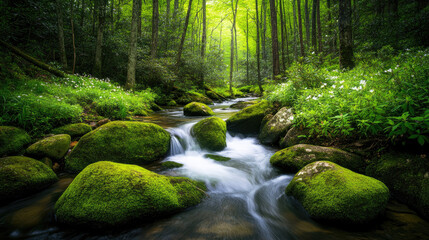 Obraz premium Tranquil Forest Stream with Lush Greenery and Gentle Flowing Water