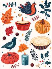 Autumn harvest illustration with birds, pumpkins, pie, leaves, and candles.