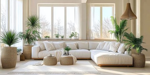 Fototapeta premium Bohemian living room, white sectional sofa, arched window, natural light, rattan ottoman, potted plants, wooden cabinet, neutral color palette, woven wall decor, moon phase wall art, minimalist aesthe