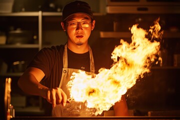 A bartender creating a flaming cocktail, with the drink igniting in a dramatic display