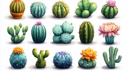 Collection of various cacti illustrations.