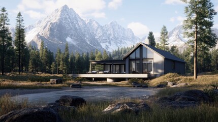 Fototapeta premium Modern house in a serene mountain landscape with lush greenery.