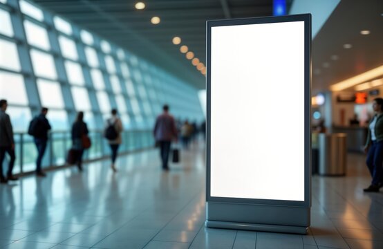 Blank billboard mockup in airport terminal. People walk around. Modern design, empty advert space. Urban hall in big city station. Interior view of building. Travel, business concept. Empty poster in - Powered by Adobe