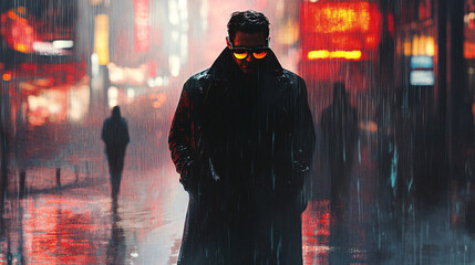 Obraz premium A lone figure in a stylish trench coat and oversized sunglasses, strolling through a rain-soaked city street, with reflections and shadows adding depth to the fashion narrative. 