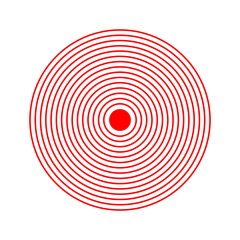 Red concentric circles. Vibration, radiation, coverage or localization icon. Sore or inflammation symbol. Pain, pulse or ache sign. Shockwave, radar or sound signal pictogram. Vector illustration.